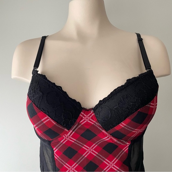 Hustler Lingerie Plaid Tartan Check Mesh Convertible Babydoll Red Black - Picture 3 of 8